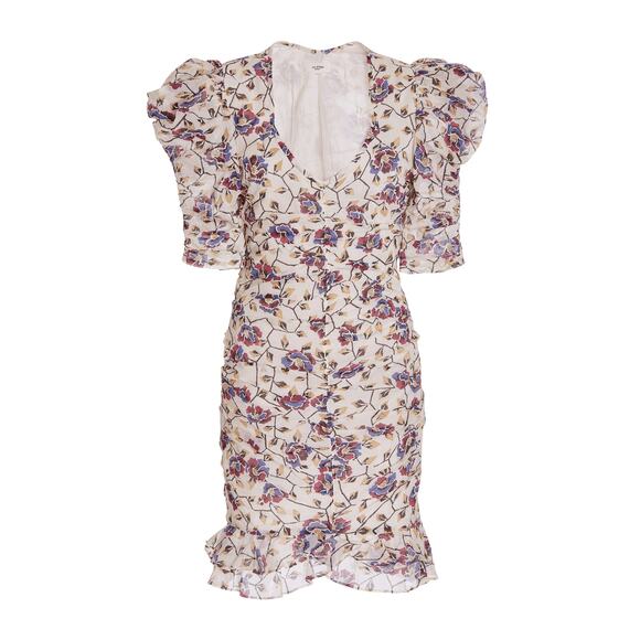 Isabel‎ Marant Étoile Sireny Puff-Sleeve Ruched Floral Cotton Mini Dress Size 4 - Picture 5 of 9